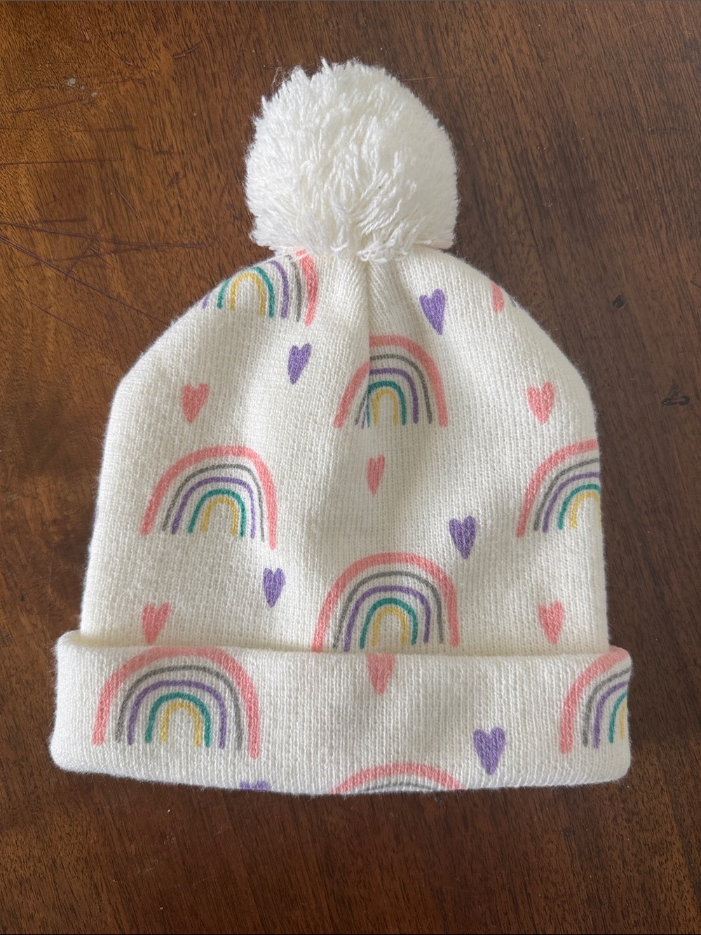 White Pom Beanie Hat with Rainbow & Heart Print